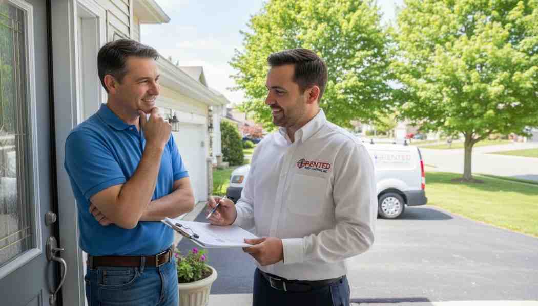 Professional and friendly wasp control expert explaining wasp removal pricing to homeowner