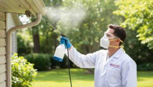 Professional wasp solution technician applying eco-friendly treatment spray near wasp nest