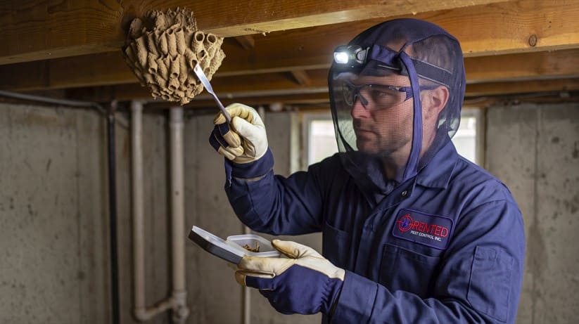 Professional mud dauber technician removes a nest from a residential basement while wearing full protective gear for safe and precise removal.