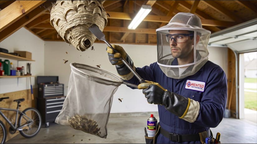Professional wasp technician removes a nest from a garage while wearing full protective gear for safe and effective nest removal.